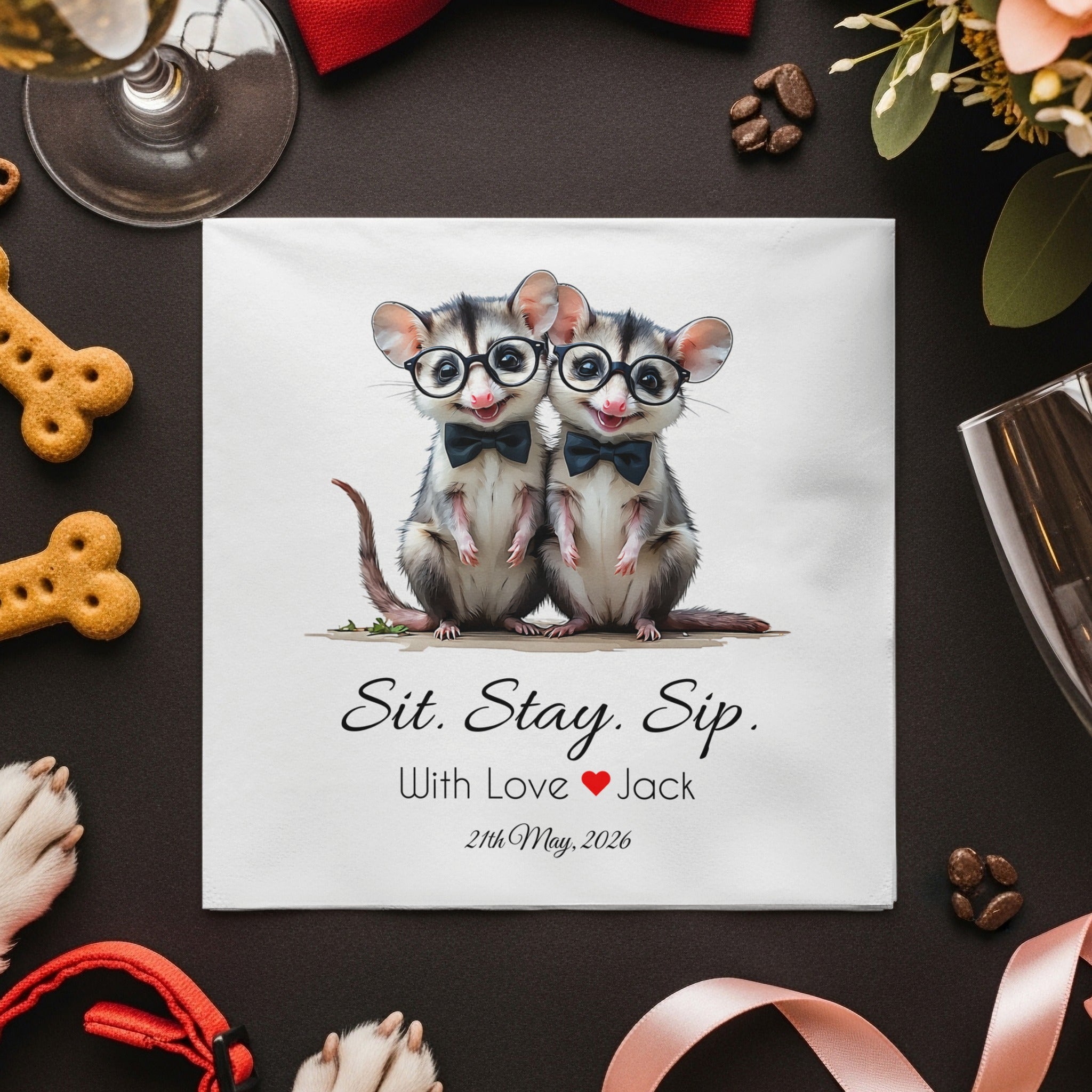 Possum Napkin, Sit Stay Sip Napkin, Animal Napkin, Cute Napkin, Personalized Napkin, Funny Napkin, Wedding Napkin, Event Napkin