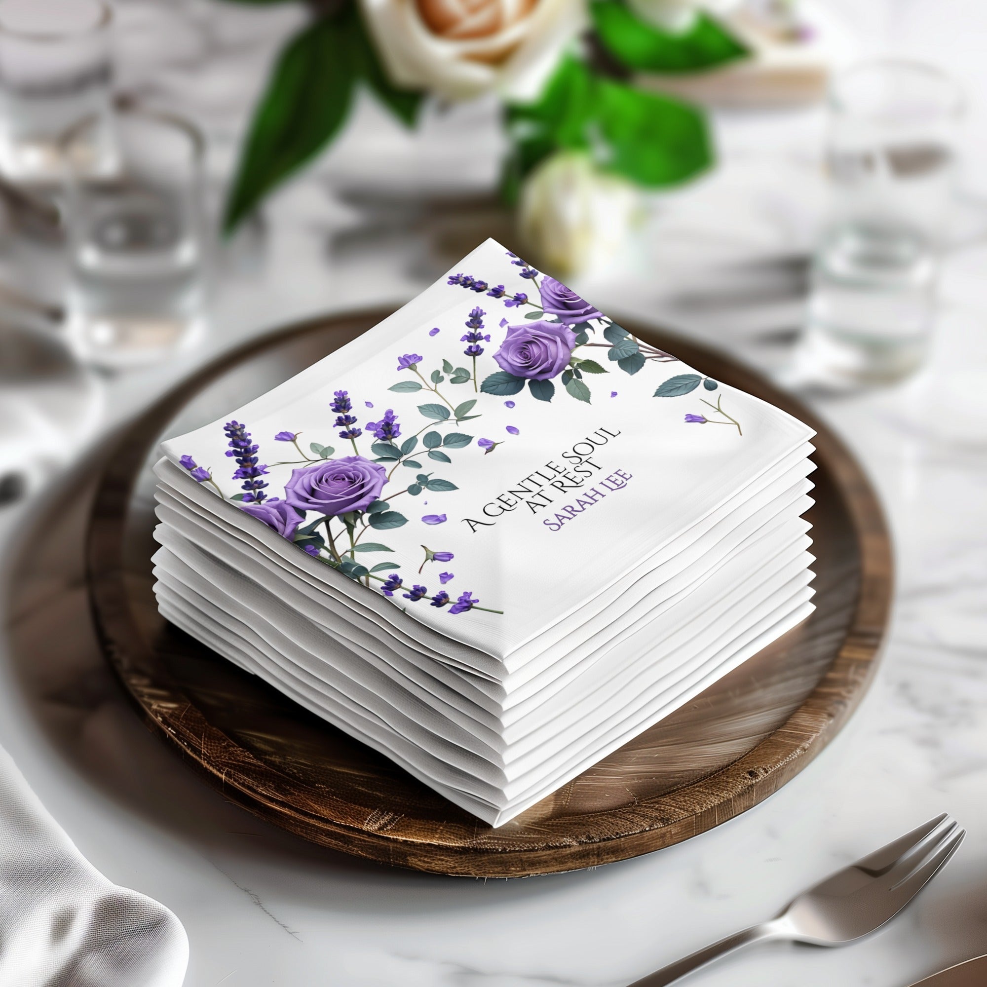 Personalized Memorial Napkins – A Gentle Soul at Rest – Custom Funeral Name & Years Napkin with Purple Rose & Lavender Floral Design