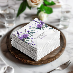Personalized Memorial Napkins – A Gentle Soul at Rest – Custom Funeral Name & Years Napkin with Purple Rose & Lavender Floral Design