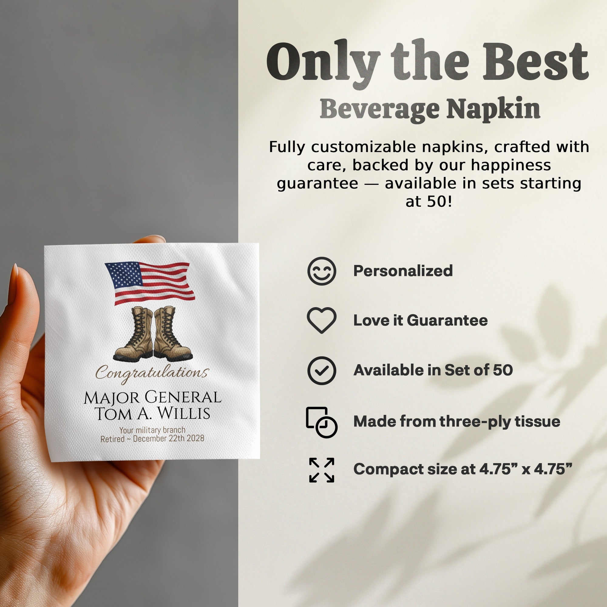 Military Retirement Napkin, Personalized Celebration, Patriotic American Flag, Veteran Appreciation Gift, Boots Napkin, Retirement Party