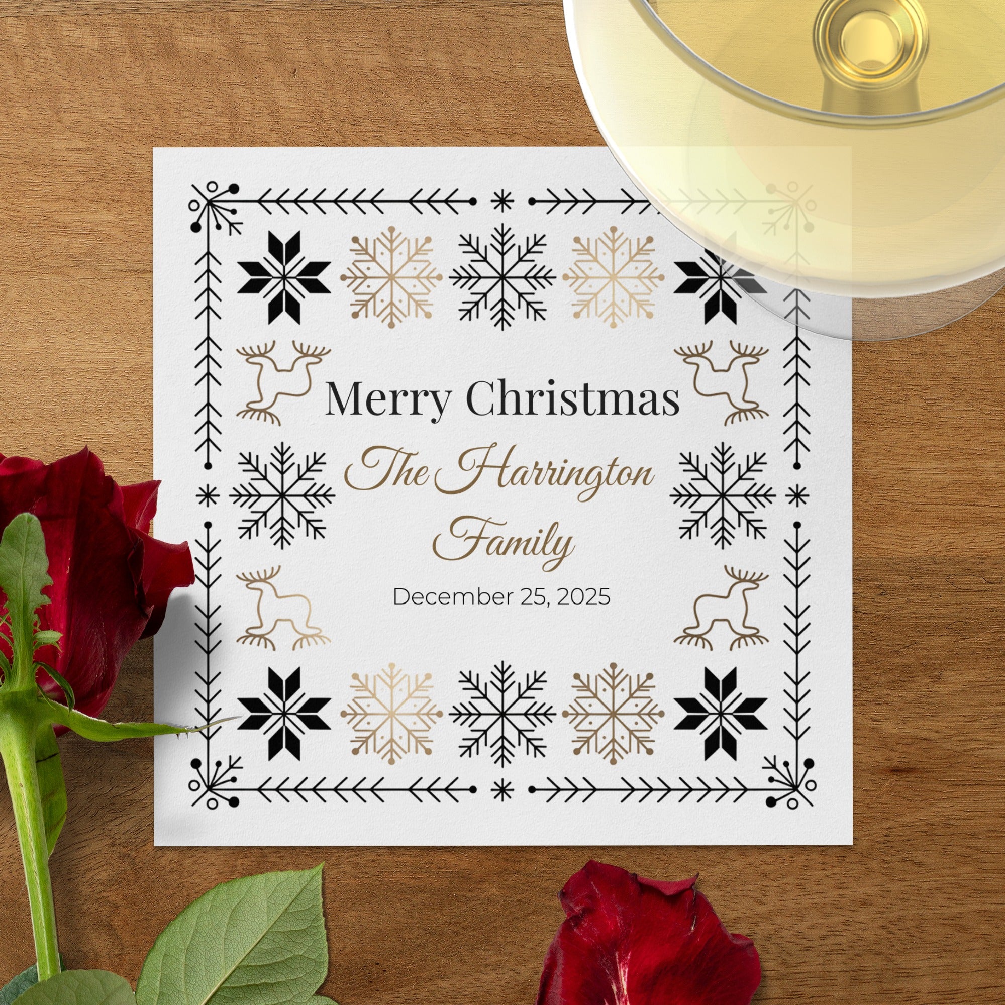Custom Christmas Napkins – Personalized Holiday Beverage Napkin with Family Name – Nordic Snowflake & Reindeer Design