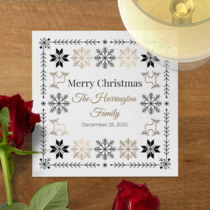 Custom Christmas Napkins – Personalized Holiday Beverage Napkin with Family Name – Nordic Snowflake & Reindeer Design