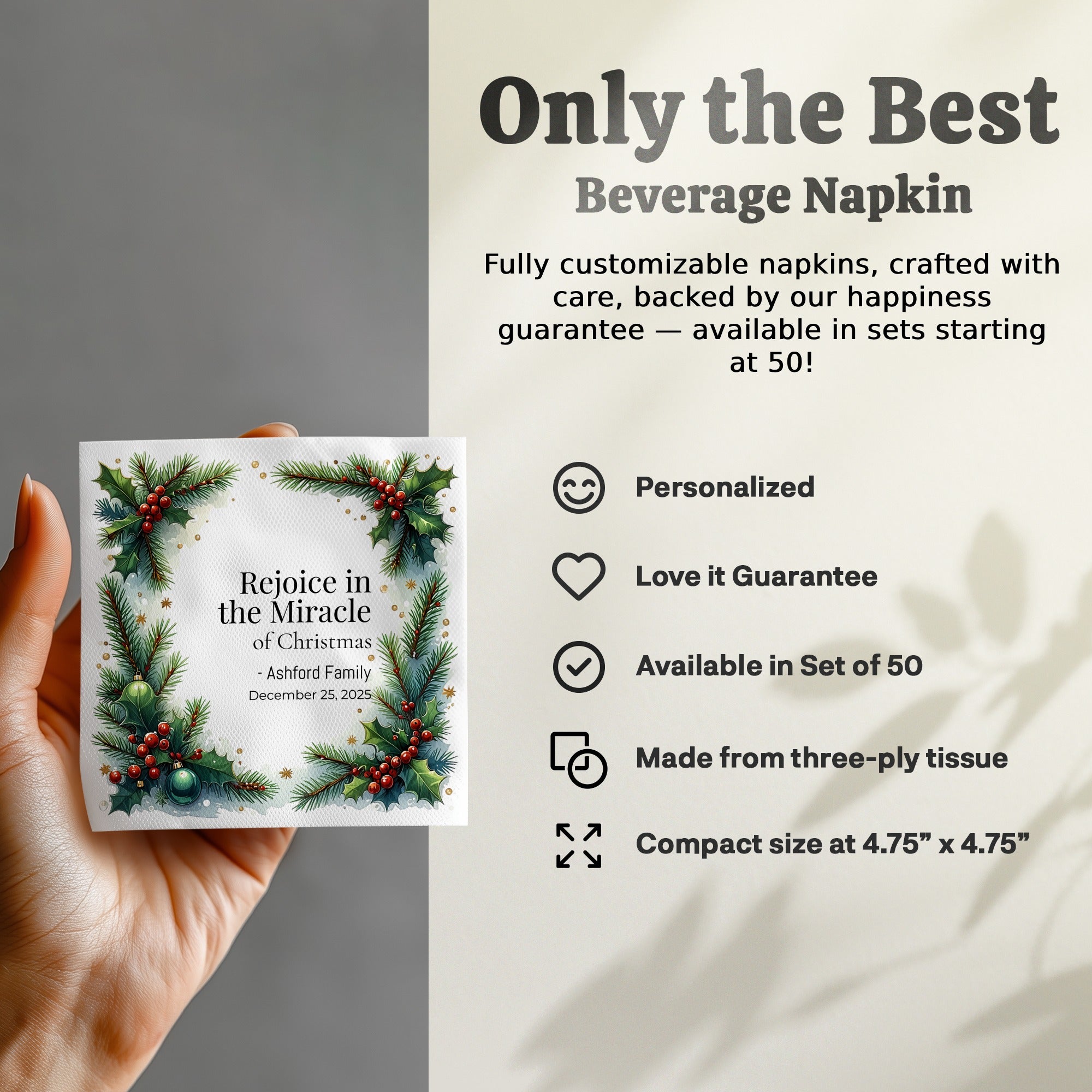 Religious Christmas Napkins – Personalized Holiday Beverage Napkin with Holly & Pine Border – Rejoice in the Miracle of Christmas