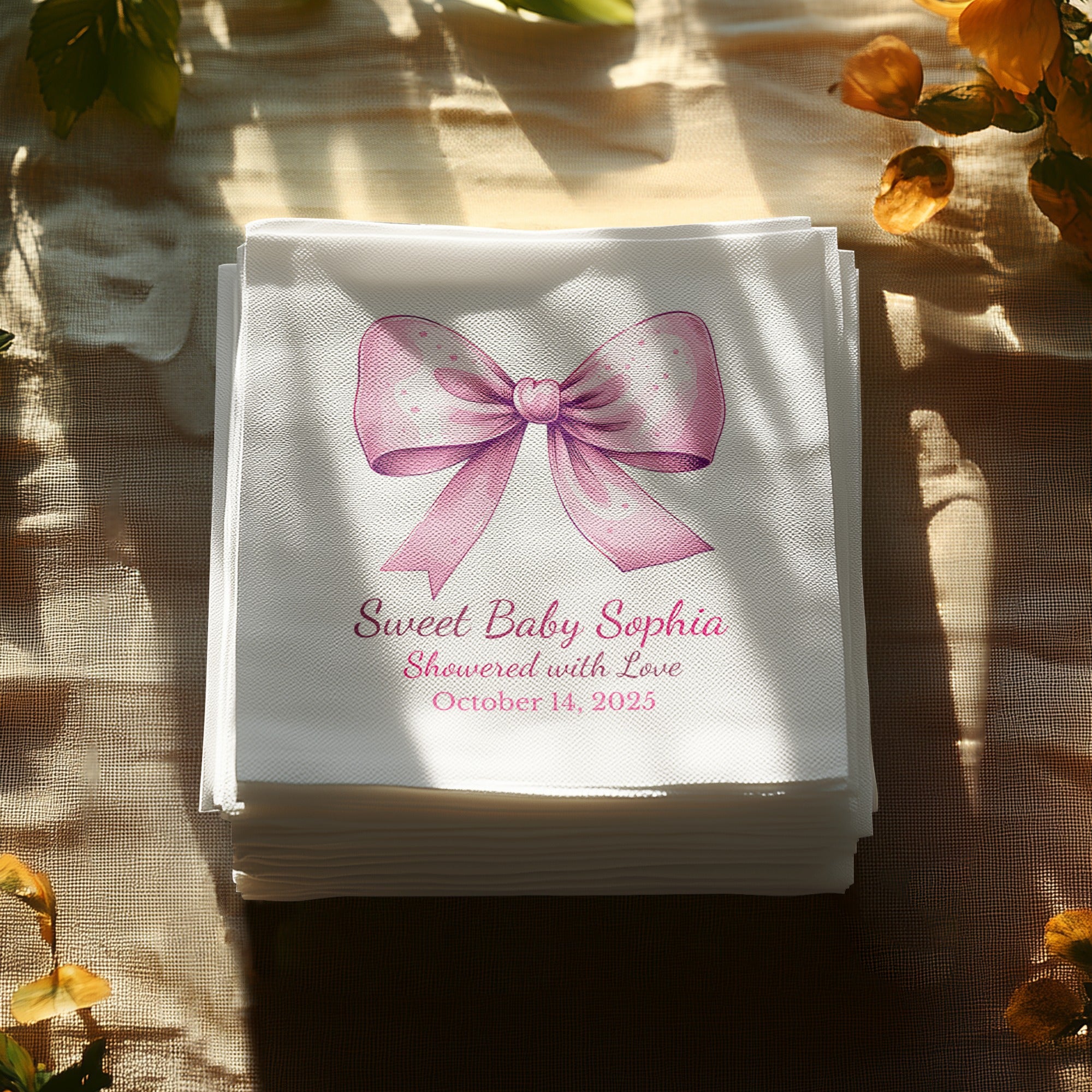 Personalized Baby Shower Napkins – Sweet Baby – Pink Bow – Custom Baby Shower Napkin with Date – Girly Statement Bow