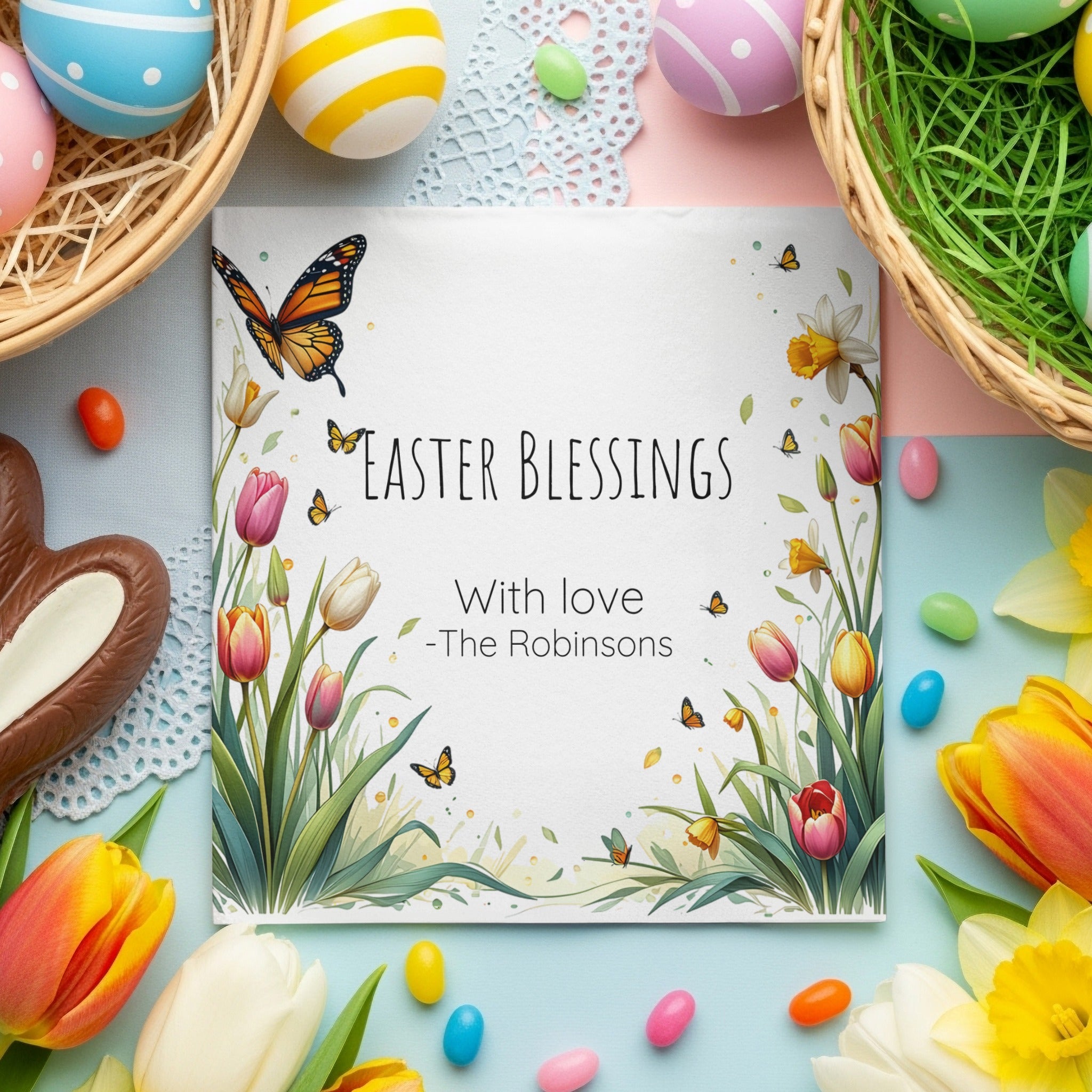 Personalized Easter Blessings Napkins – Spring Tulips & Butterflies – Custom Easter Party Napkin with Name