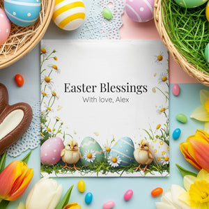 Easter Blessings Napkins – Pastel Eggs & Baby Chicks – Custom Spring Napkin with Name