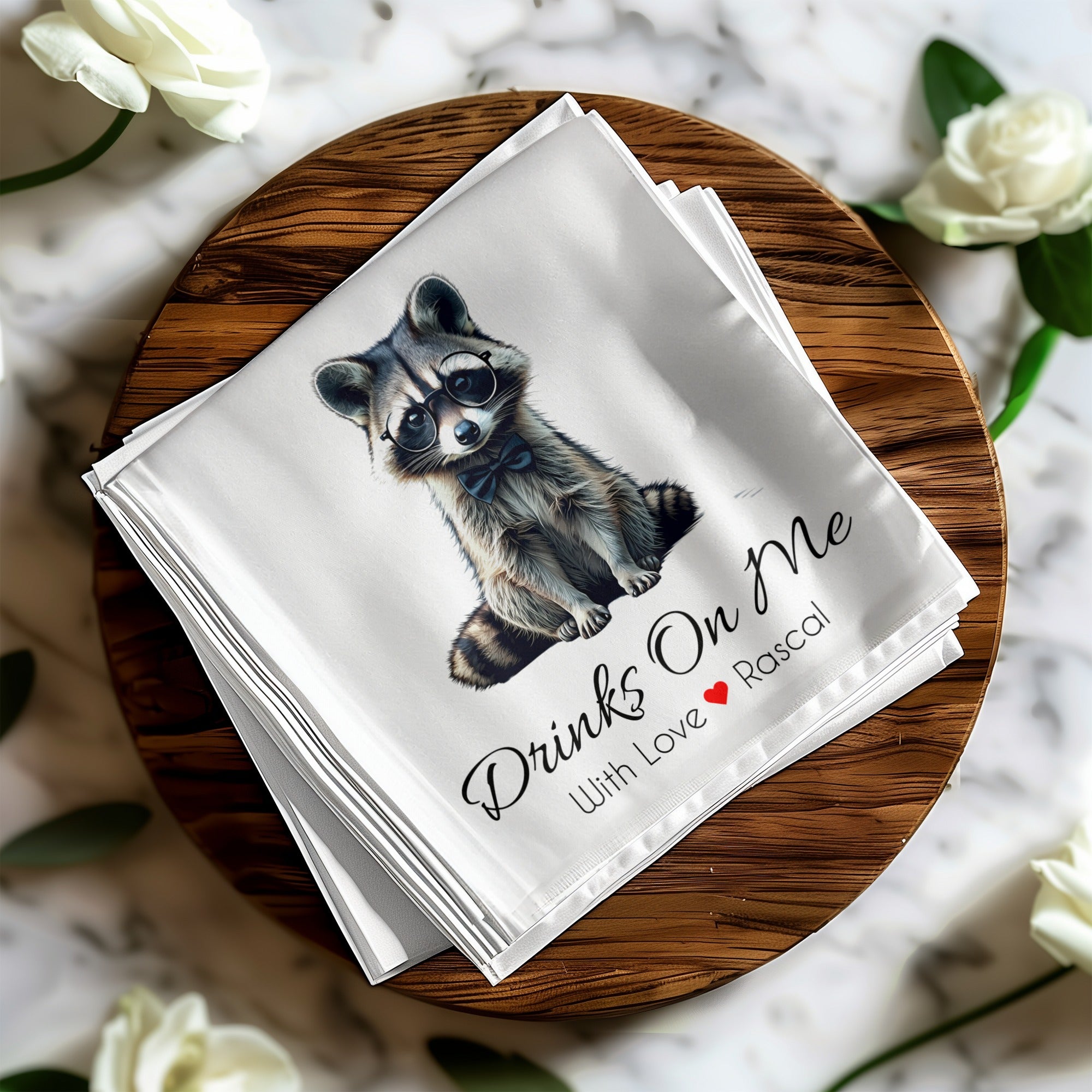 Drinks On Me Napkin, Raccoon Napkins, Funny Napkin, Animal Napkin, Party Napkins, Novelty Napkins, Cocktail Napkin, Barware Napkin