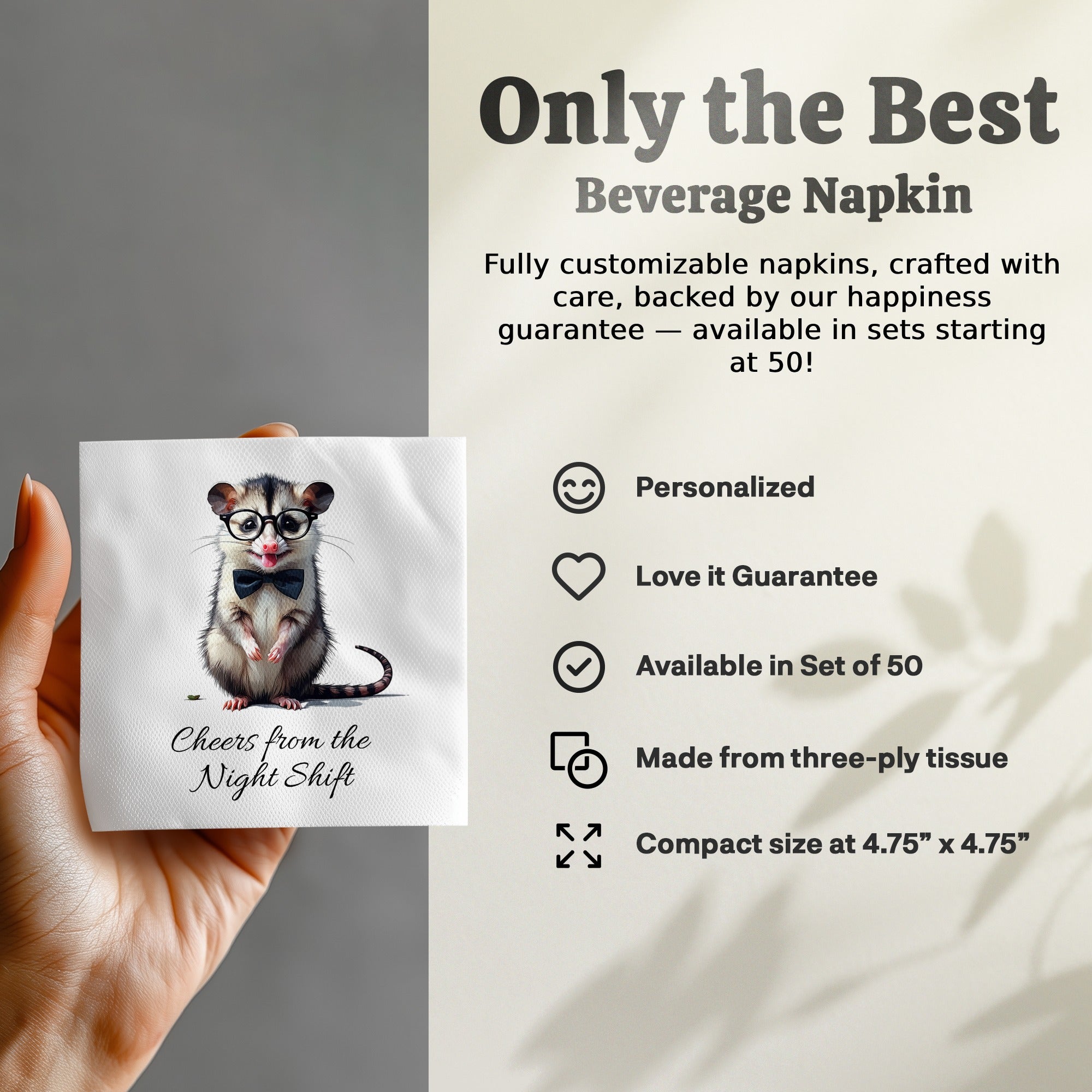 Opossum Napkin, Funny Animal Napkin, Cheers from the Night Shift, Cute Possum Gift, Nerdy Animal Napkin, Party Napkin, Novelty Napkin