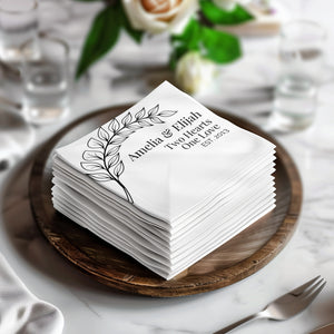Personalized Wedding Napkins – Two Hearts One Love – Custom Wedding Napkin with Leaf Branch Design – Elegant Black & White Style