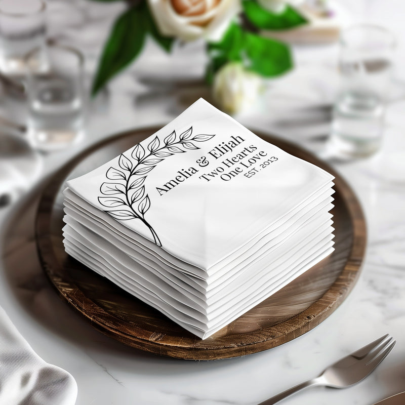 Personalized Wedding Napkins – Two Hearts One Love – Custom Wedding Napkin with Leaf Branch Design – Elegant Black & White Style