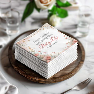 Personalized Baby Shower Napkins – Sugar, Spice & Everything Nice – Custom Baby Shower Napkin – Soft Floral Border