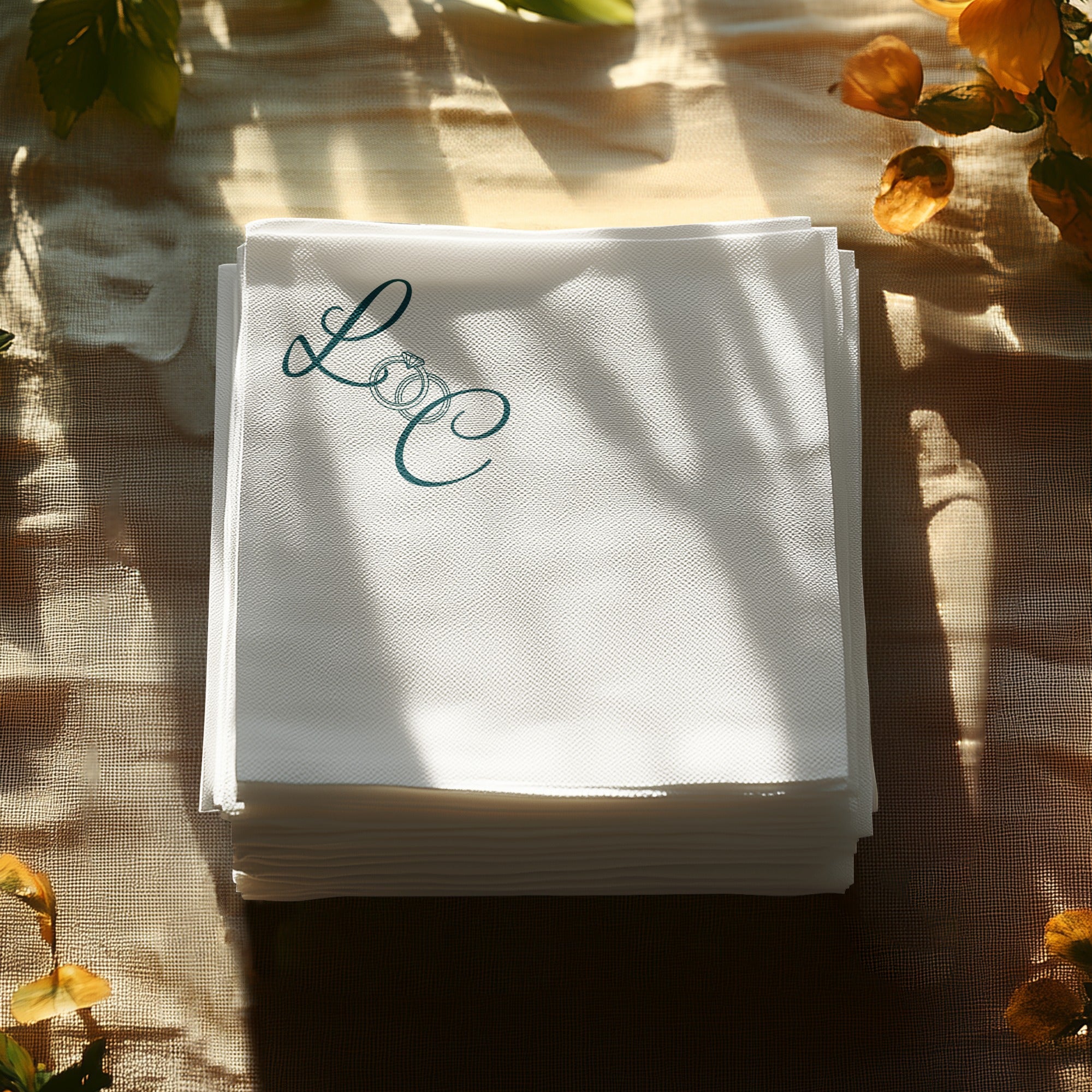 Personalized Wedding Napkins – Ring Monogram – Custom Wedding Napkin with Script Initials & Rings – Elegant Minimal Style