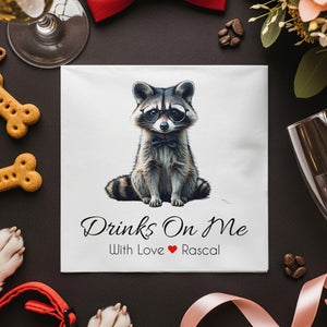 Drinks On Me Napkin, Raccoon Napkins, Funny Napkin, Animal Napkin, Party Napkins, Novelty Napkins, Cocktail Napkin, Barware Napkin
