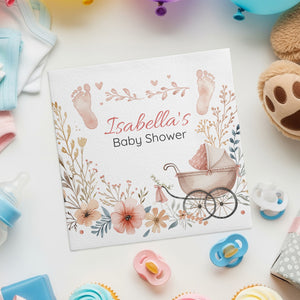 Personalized Baby Shower Napkins – Vintage Carriage – Custom Baby Shower Napkin with Name & Date – Classic Pastel Florals
