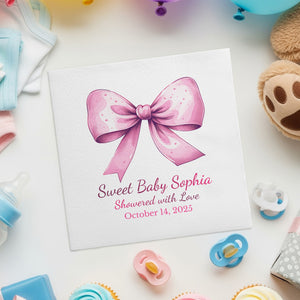 Personalized Baby Shower Napkins – Sweet Baby – Pink Bow – Custom Baby Shower Napkin with Date – Girly Statement Bow