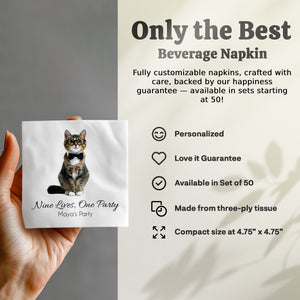 Nine Lives One Party Napkin, Cat Lover Napkin, Pet Party Napkin, Funny Napkin, Maya's Party, Cute Party Napkin, Cat in Bow Tie Napkin