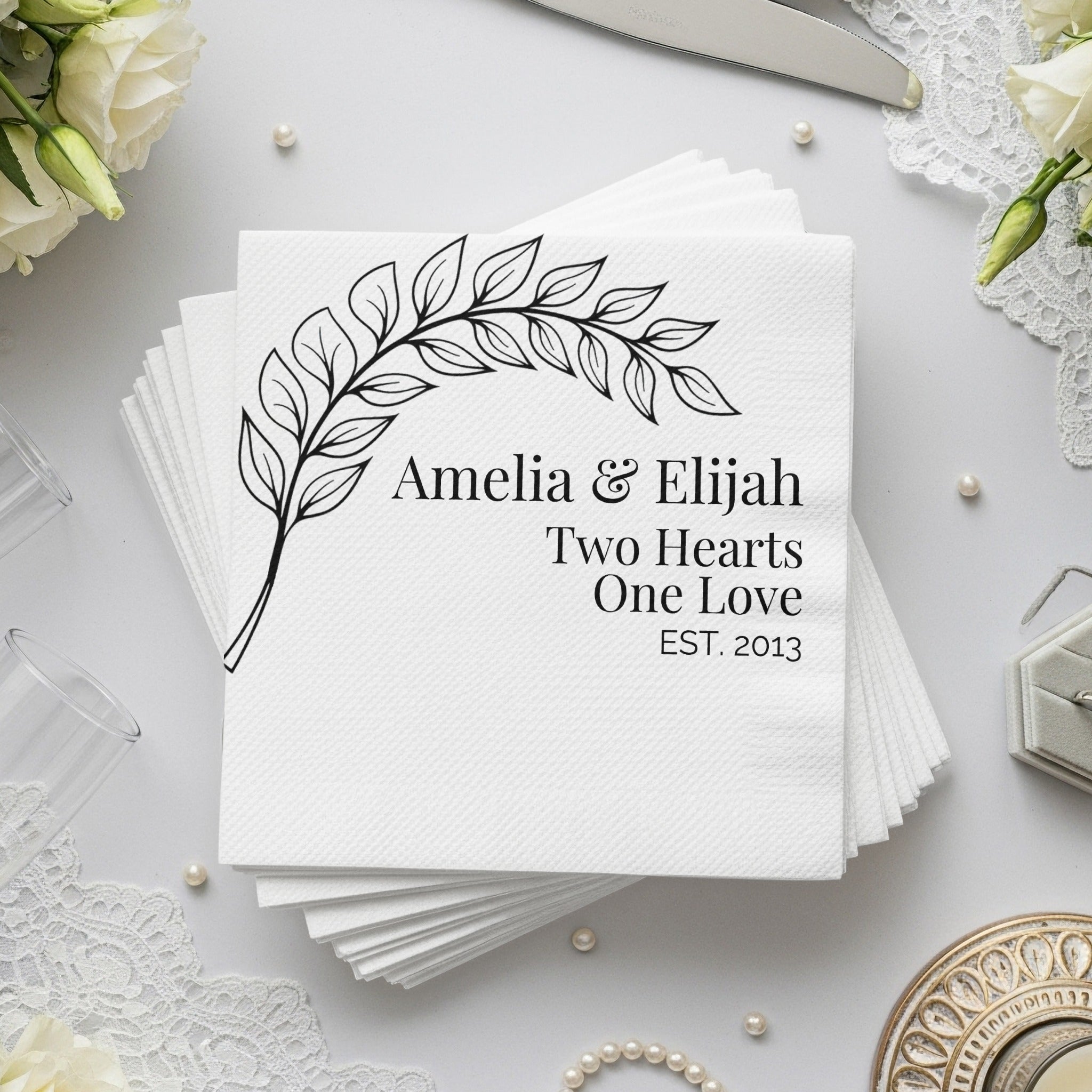 Personalized Wedding Napkins – Two Hearts One Love – Custom Wedding Napkin with Leaf Branch Design – Elegant Black & White Style
