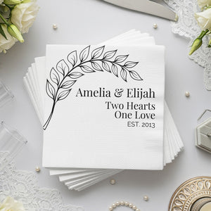 Personalized Wedding Napkins – Two Hearts One Love – Custom Wedding Napkin with Leaf Branch Design – Elegant Black & White Style