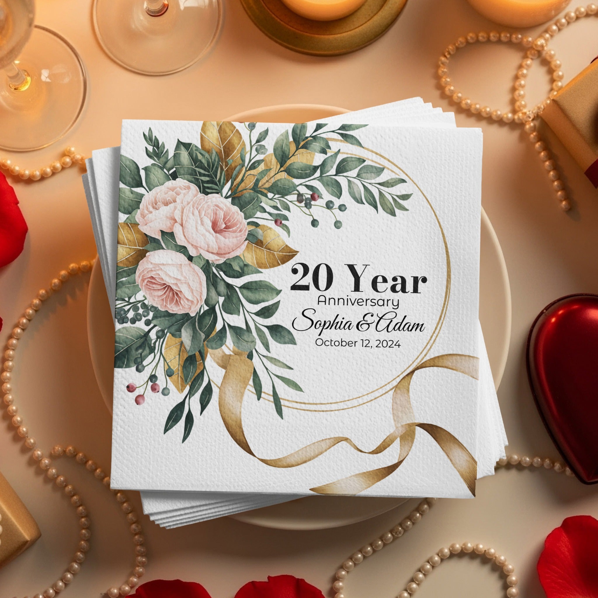 Personalized Floral Napkins – Elegant Wreath Design – Custom Anniversary Napkin with Name & Years