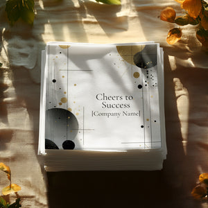 Personalized Corporate Event Napkins – Custom Logo & Company Name – Modern Geometric Black and Gold Design – Cheers to Success