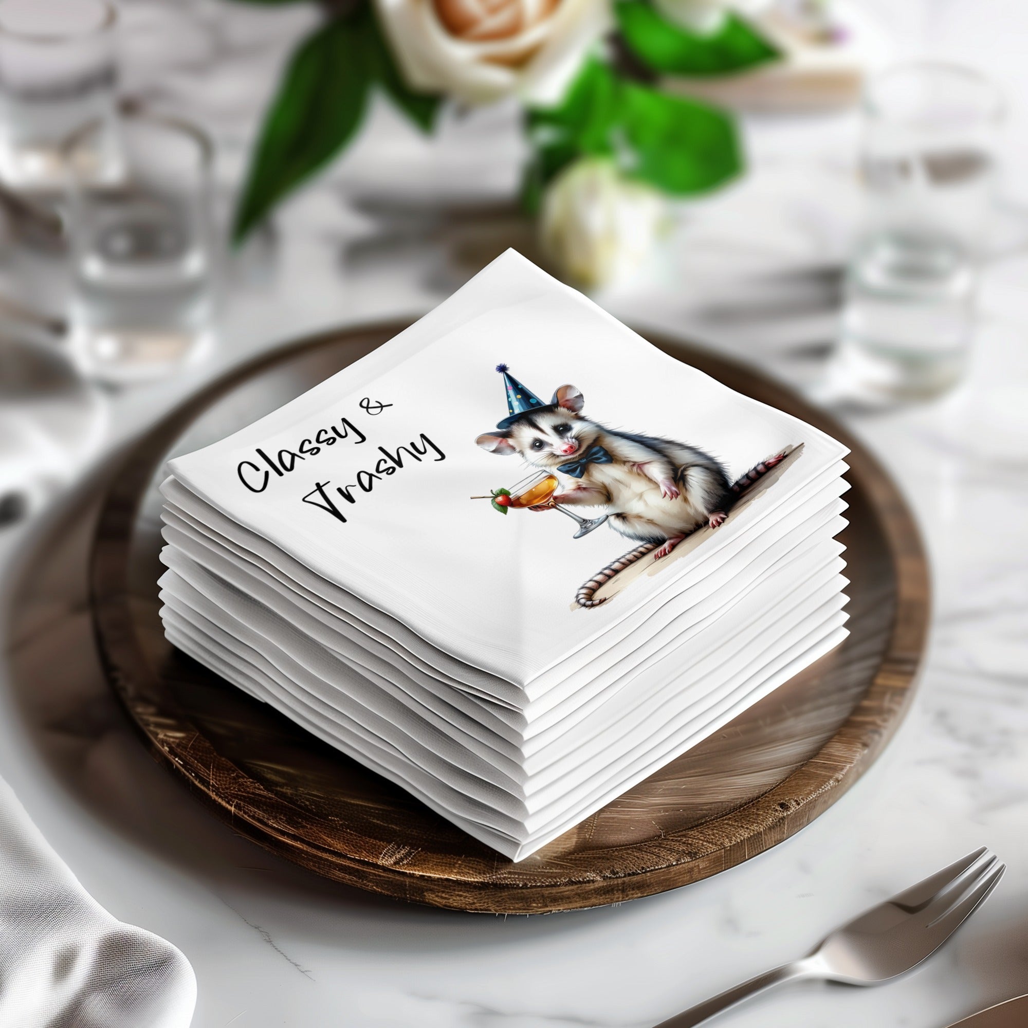 Classy Trashy Opossum Napkin, Party Animal Design, Funny Cocktail Napkin, Novelty Gift, Cute Opossum, Unique Napkin Decor, Fun Napkin