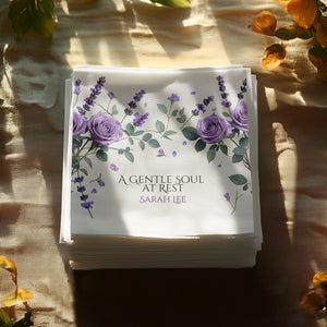 Personalized Memorial Napkins – A Gentle Soul at Rest – Custom Funeral Name & Years Napkin with Purple Rose & Lavender Floral Design