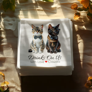 Cats Napkin, Funny Cat Napkins, Party Napkins, Drinks On Us Napkin, Pet Lover Gift, Cat with Bow Tie, Cute Cat Napkins