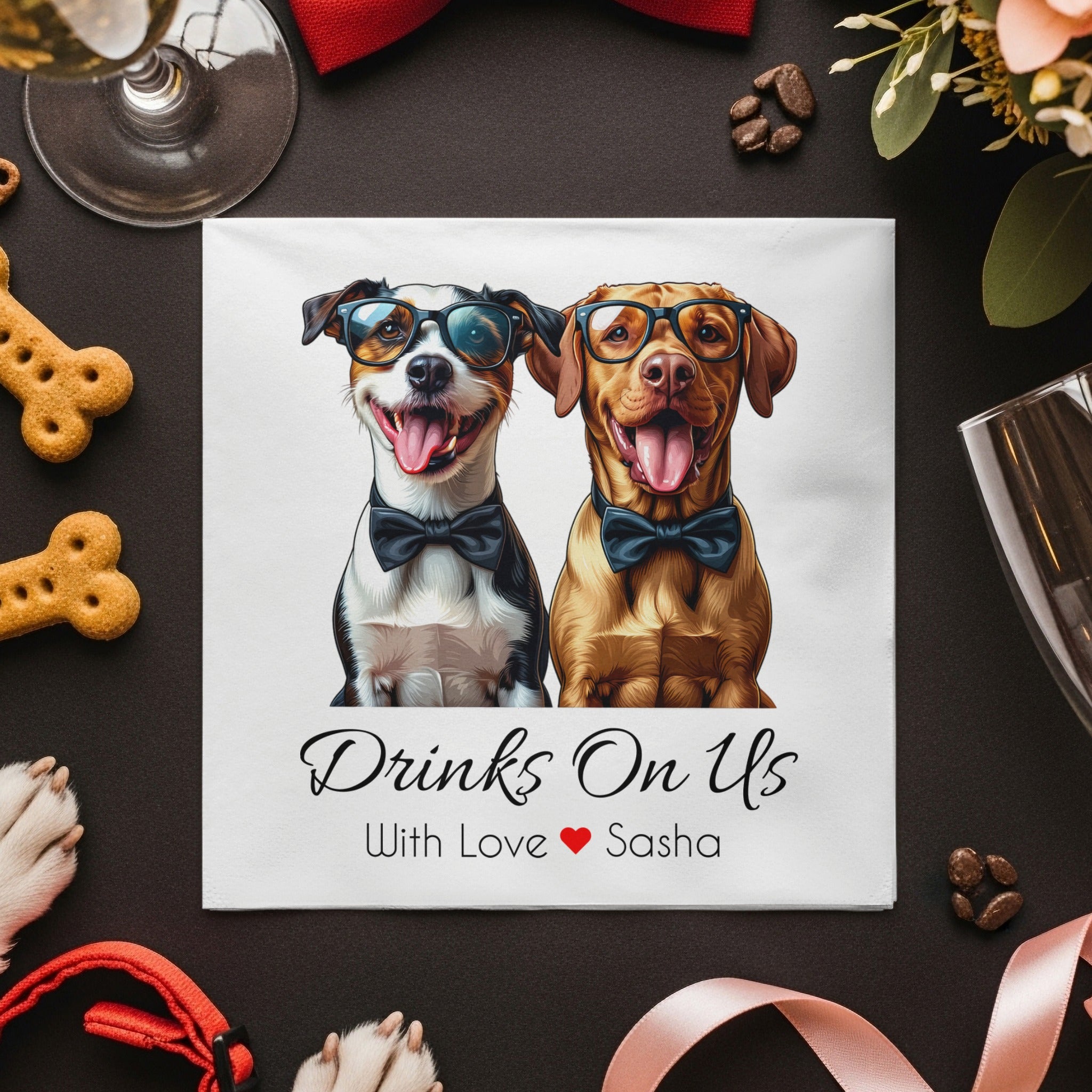 Drinks On Us Napkin, Dog Napkin, Dog With Glasses, Jack Russell Napkin, Labrador Napkin, Custom Napkin, Party Napkin, Funny Napkin