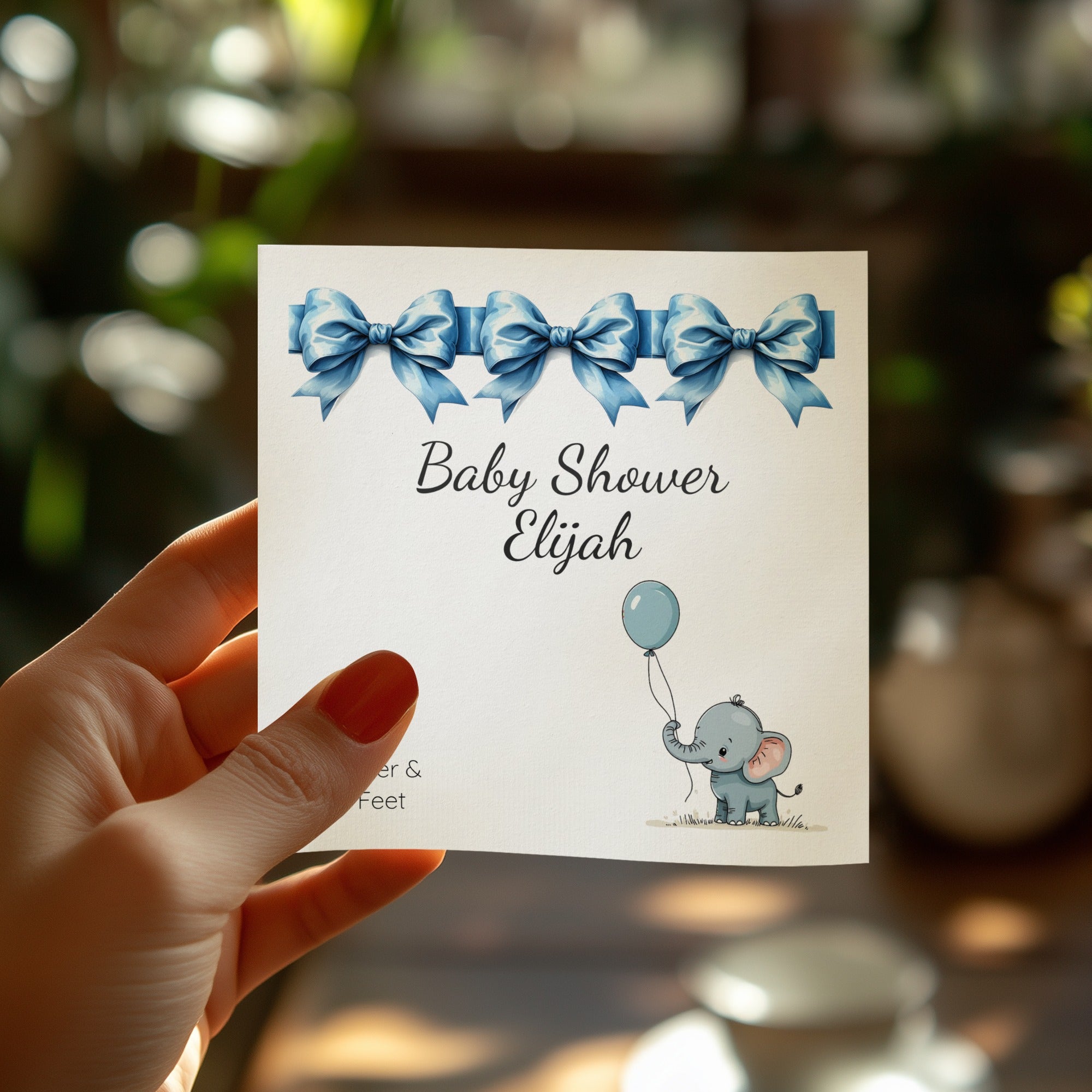 Personalized Baby Shower Napkins – Blue Bows & Elephant – Custom Baby Boy Shower Napkin with Balloon Illustration