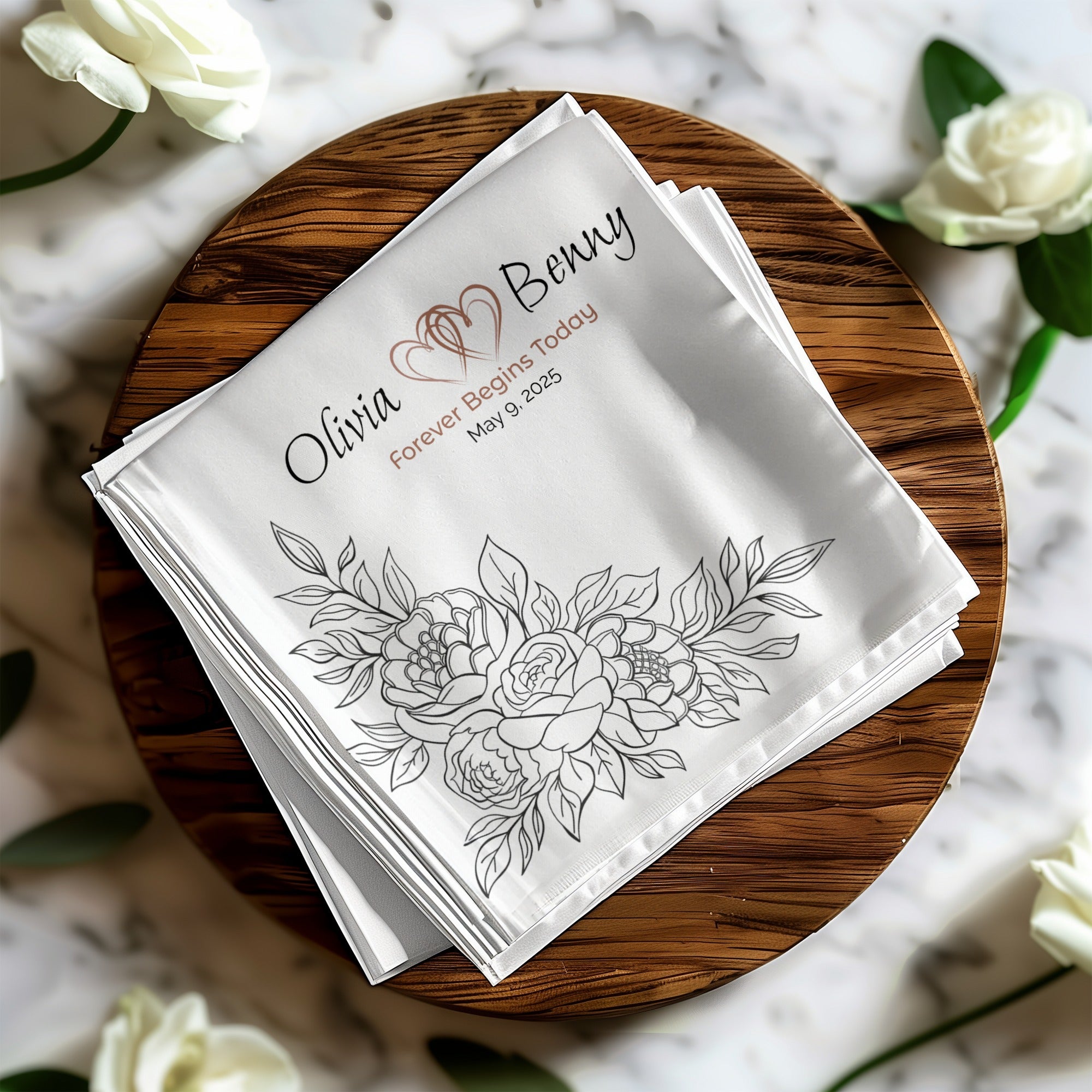 Personalized Wedding Napkins – Forever Begins Today – Custom Wedding Napkin with Floral Corner Artwork – Romantic Modern Style