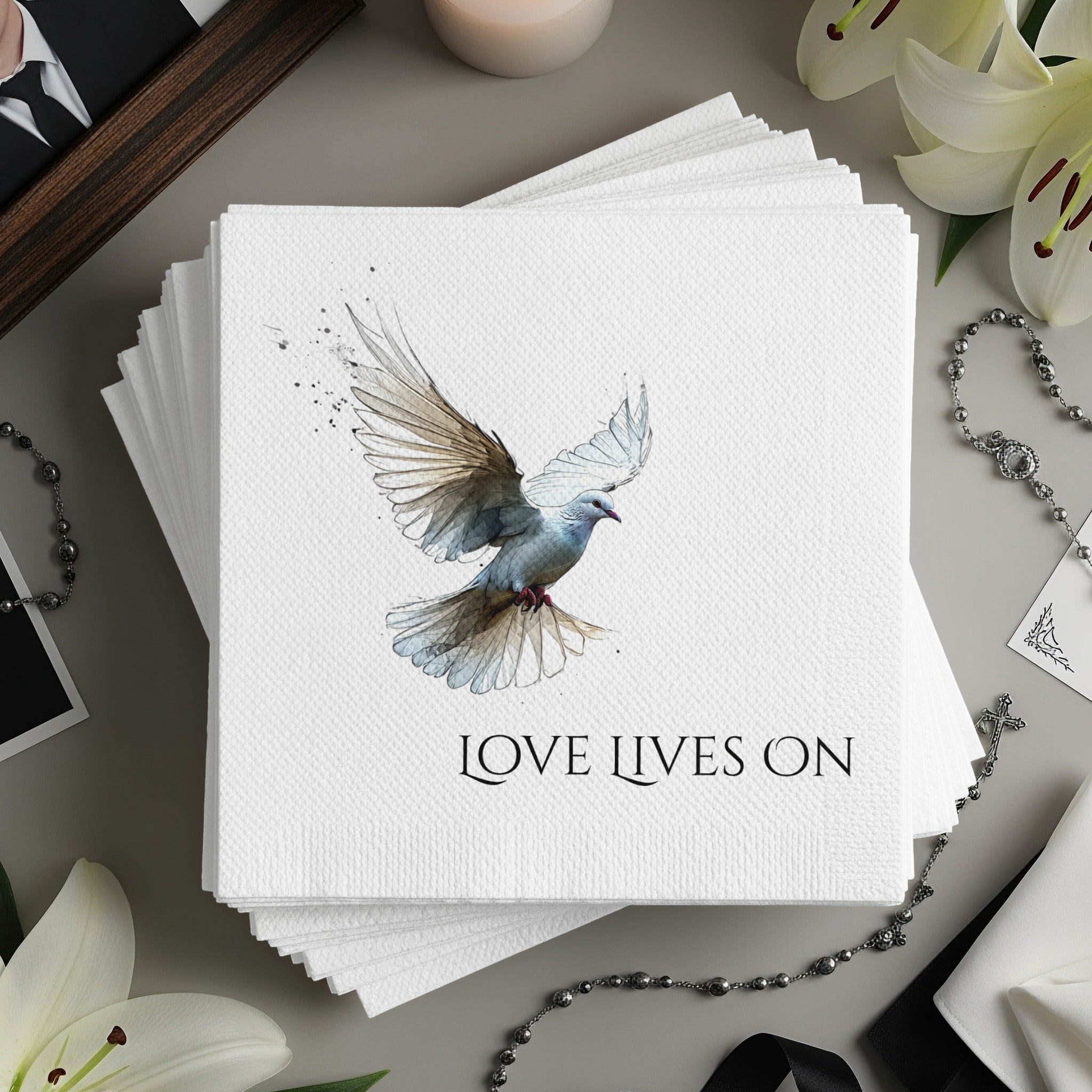 Personalized Memorial Napkins – Love Lives On – Custom Funeral Napkin with Dove Art – Elegant Memorial Table Decor