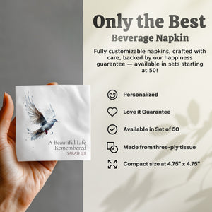 Personalized Memorial Napkins – A Beautiful Life Remembered – Dove of Peace Funeral Napkin with Custom Name – Elegant Celebration of Life