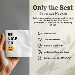 Be Nice Or Zip It Napkin, Funny Napkin, Emoji Napkin, Novelty Napkin, Party Favor, Gag Gift, Quirky Napkin
