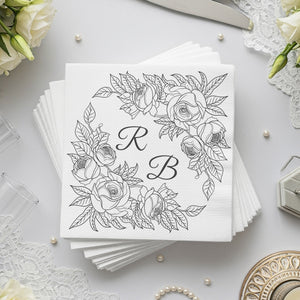 Personalized Wedding Napkins – Floral Monogram – Custom Wedding Napkin with Rose Frame – Classic Vintage Elegance