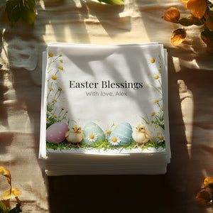 Easter Blessings Napkins – Pastel Eggs & Baby Chicks – Custom Spring Napkin with Name