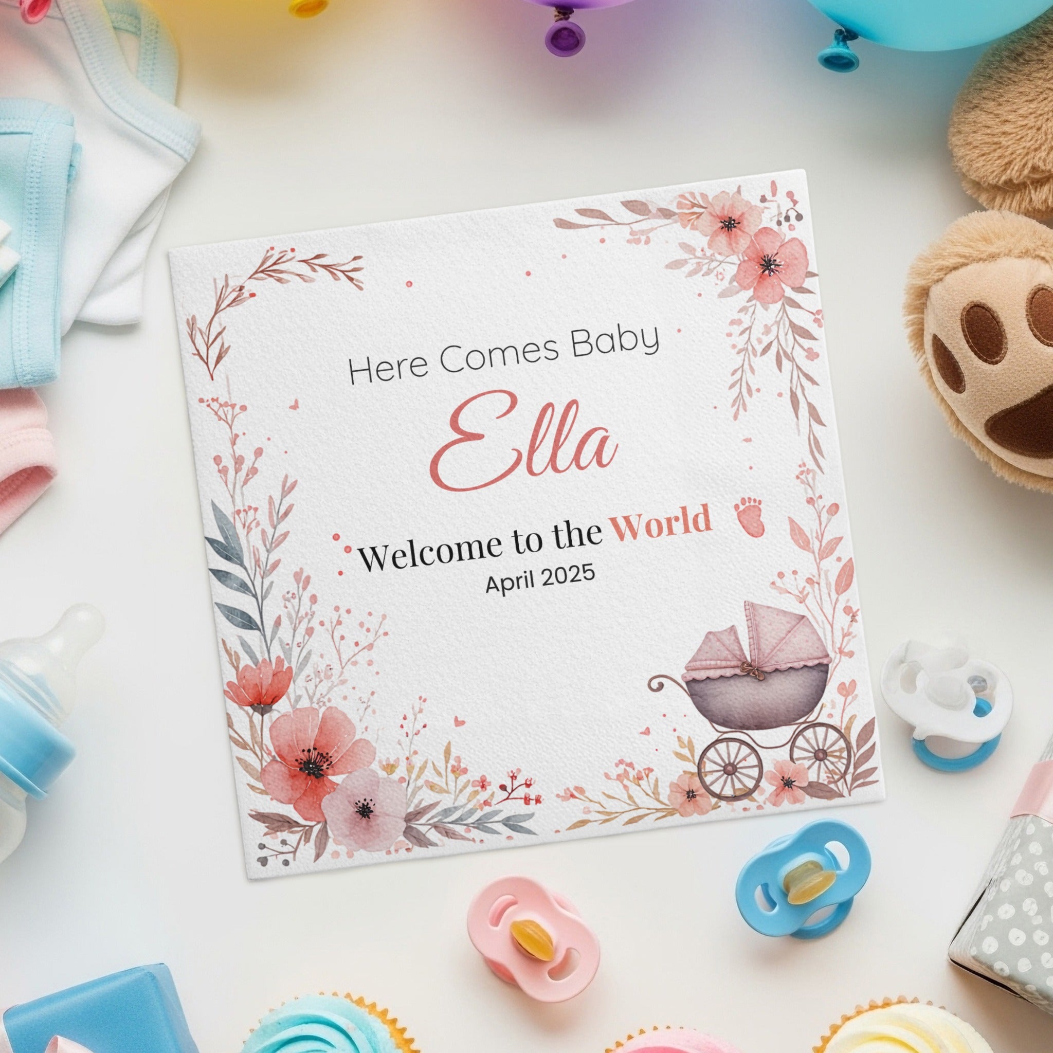 Personalized Baby Shower Napkins – Here Comes Baby – Custom Baby Shower Napkin with Vintage Carriage – Welcome Baby Theme