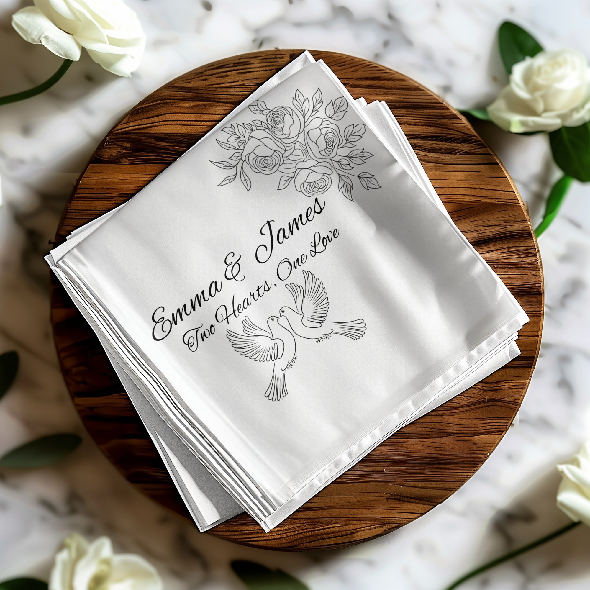 Personalized Wedding Napkins – Love Doves & Roses – Custom Wedding Napkin with Romantic Dove Illustration – Symbol of Unity