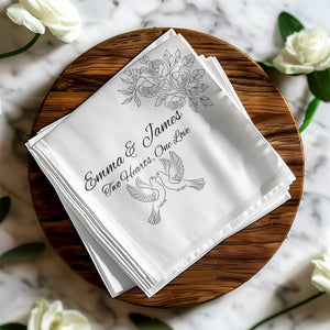 Personalized Wedding Napkins – Love Doves & Roses – Custom Wedding Napkin with Romantic Dove Illustration – Symbol of Unity