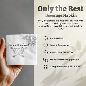 Personalized Wedding Napkins – Love Doves & Roses – Custom Wedding Napkin with Romantic Dove Illustration – Symbol of Unity