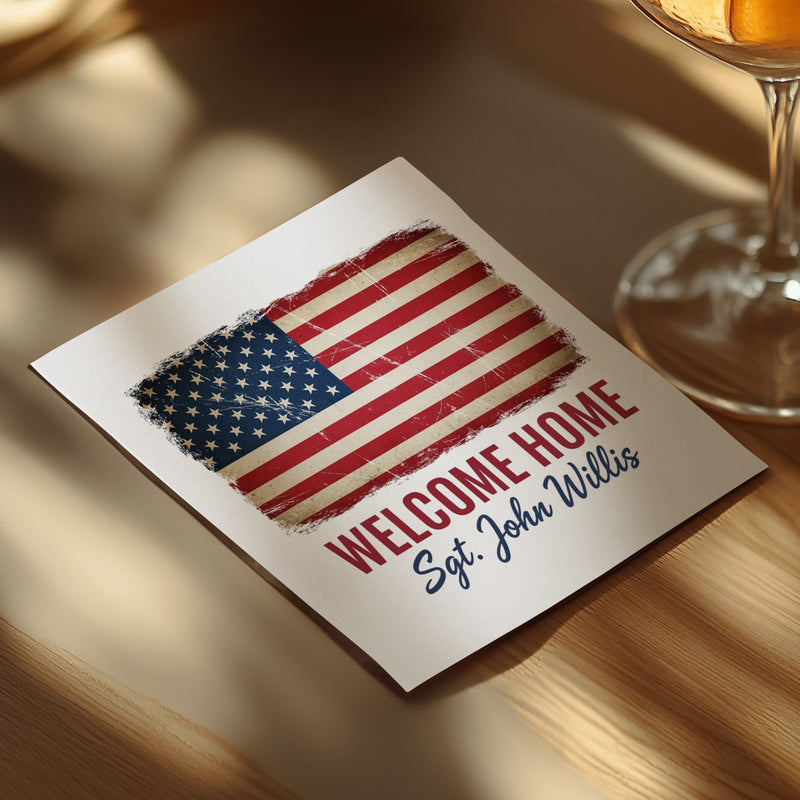 Welcome Home Napkin, American Flag Napkin, Sgt John Willis Napkin, Patriotic Napkin, Military Napkin, Personalized Napkin