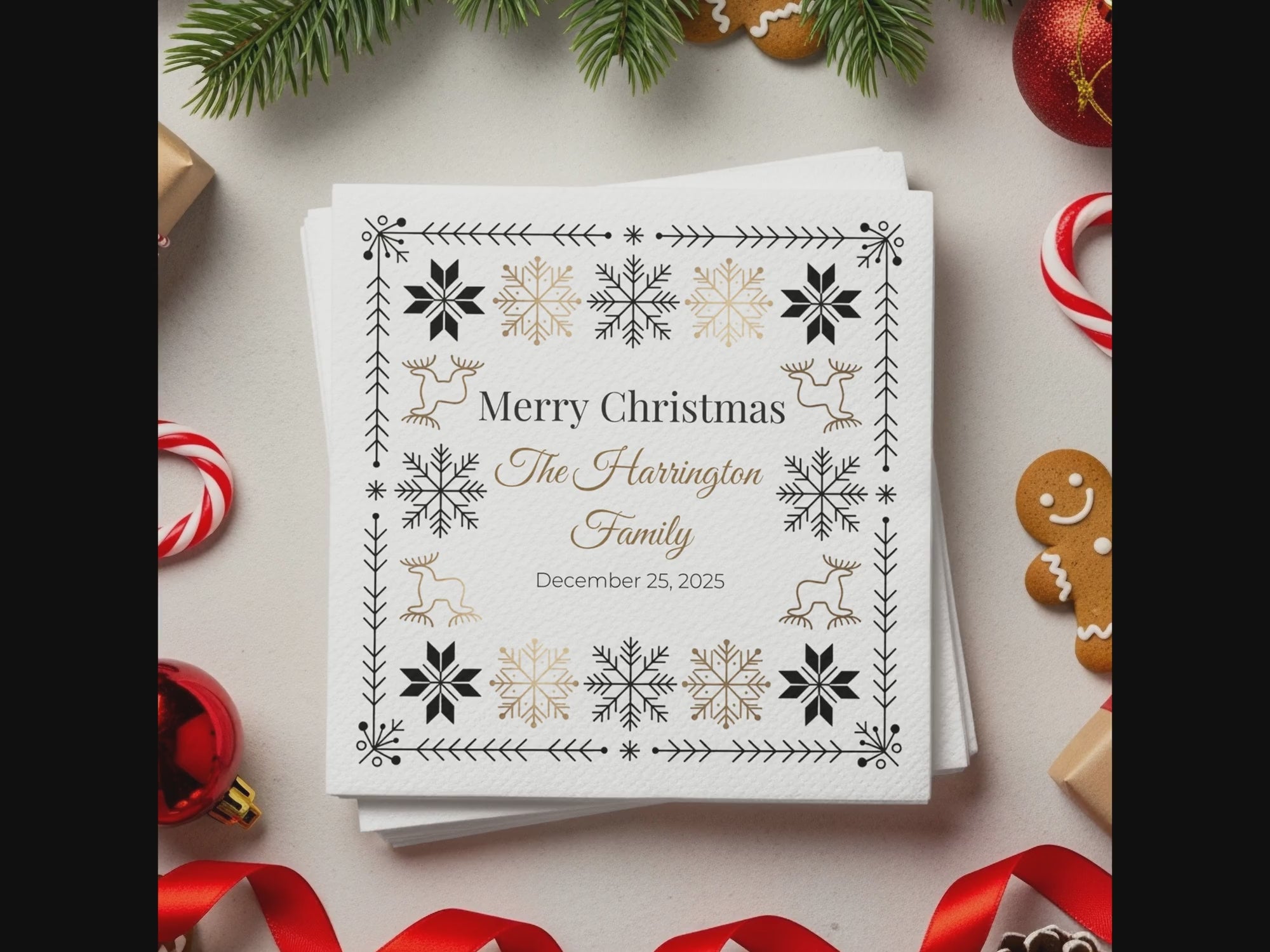 Custom Christmas Napkins – Personalized Holiday Beverage Napkin with Family Name – Nordic Snowflake & Reindeer Design