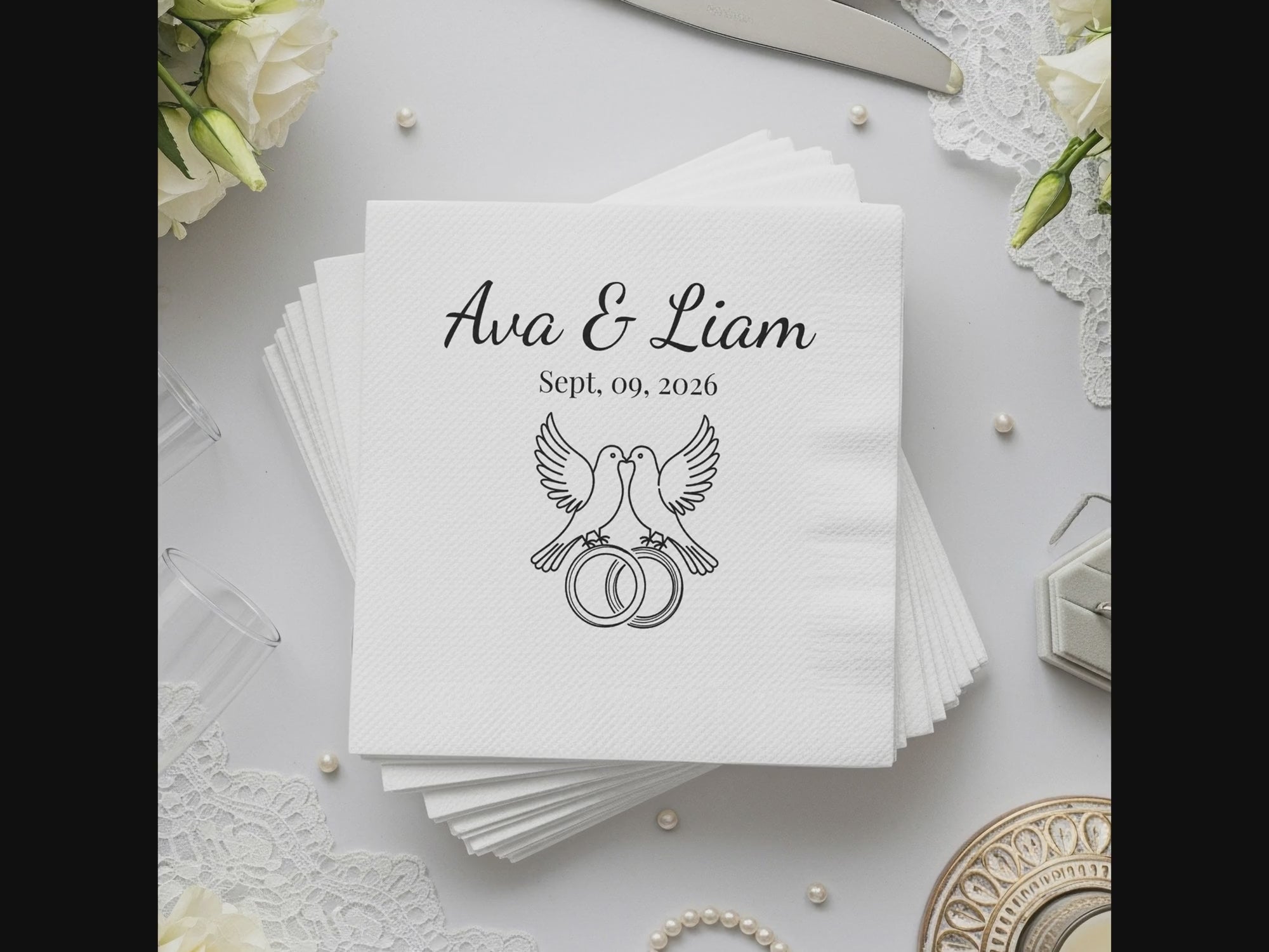 Personalized Wedding Napkins – Love Birds & Rings – Custom Wedding Napkin with Doves and Rings – Symbol of Commitment