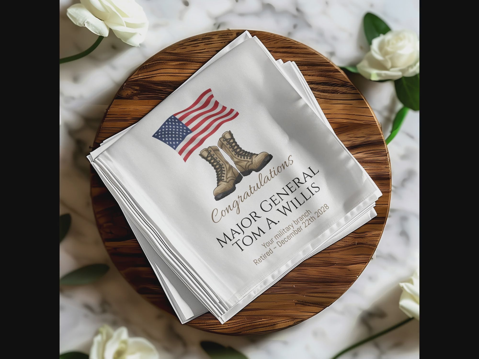 Military Retirement Napkin, Personalized Celebration, Patriotic American Flag, Veteran Appreciation Gift, Boots Napkin, Retirement Party