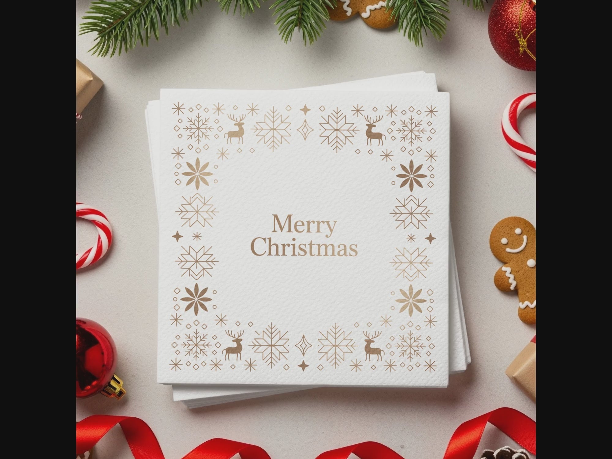 Minimalist Christmas Napkins – Personalized Holiday Beverage Napkin with Snowflake Border - Merry Christmas