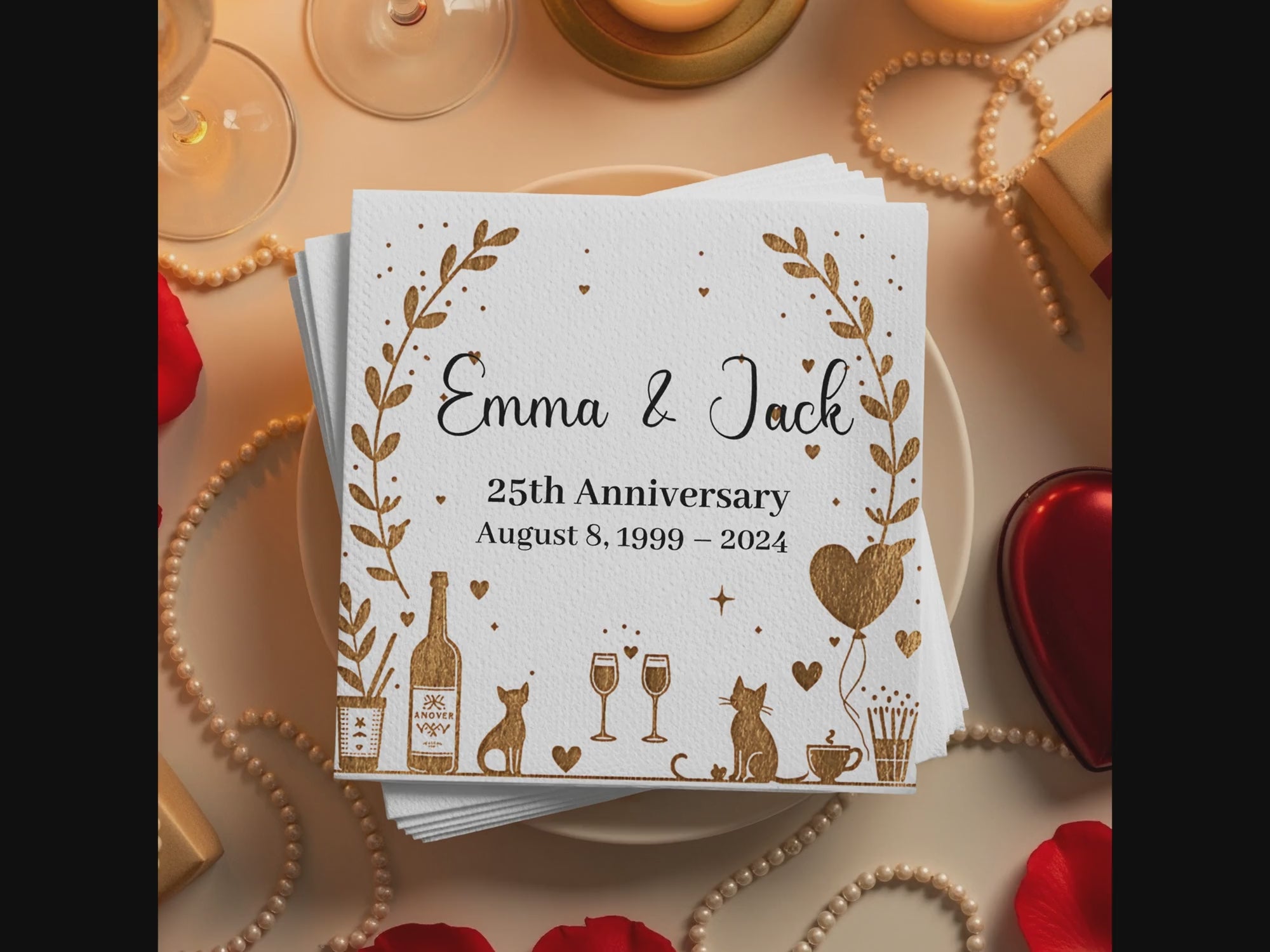 Personalized Anniversary Napkins – Golden Romance Design – Custom Elegant Napkin with Name & Years