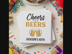 Cheers & Beers Party Name and Age Birthday Cocktail Napkins