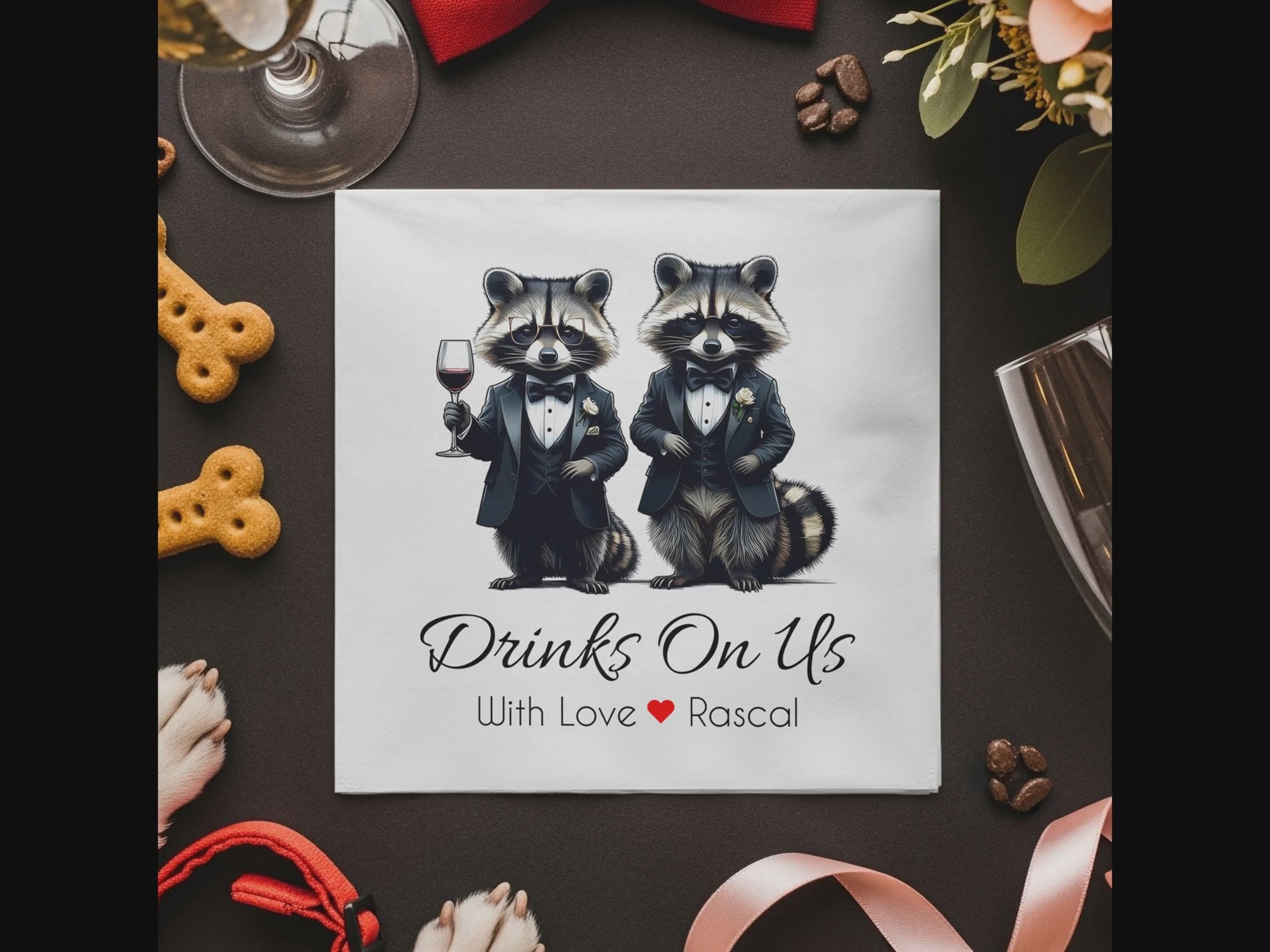 Tuxedo Raccoon Napkin, Funny Raccoon Napkin, Drinks On Us Napkin, Cute Animal Napkin, Party Napkin, Host Gift, Wedding Napkin