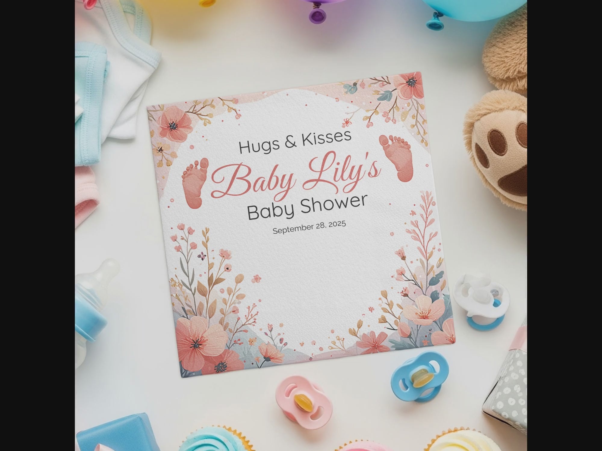 Personalized Baby Shower Napkins – Hugs & Kisses – Custom Baby Shower Napkin with Footprints & Florals – Romantic Blush Theme