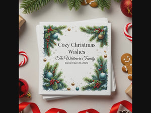 Personalized Cocktail Napkins – Festive Pine & Ornament Design