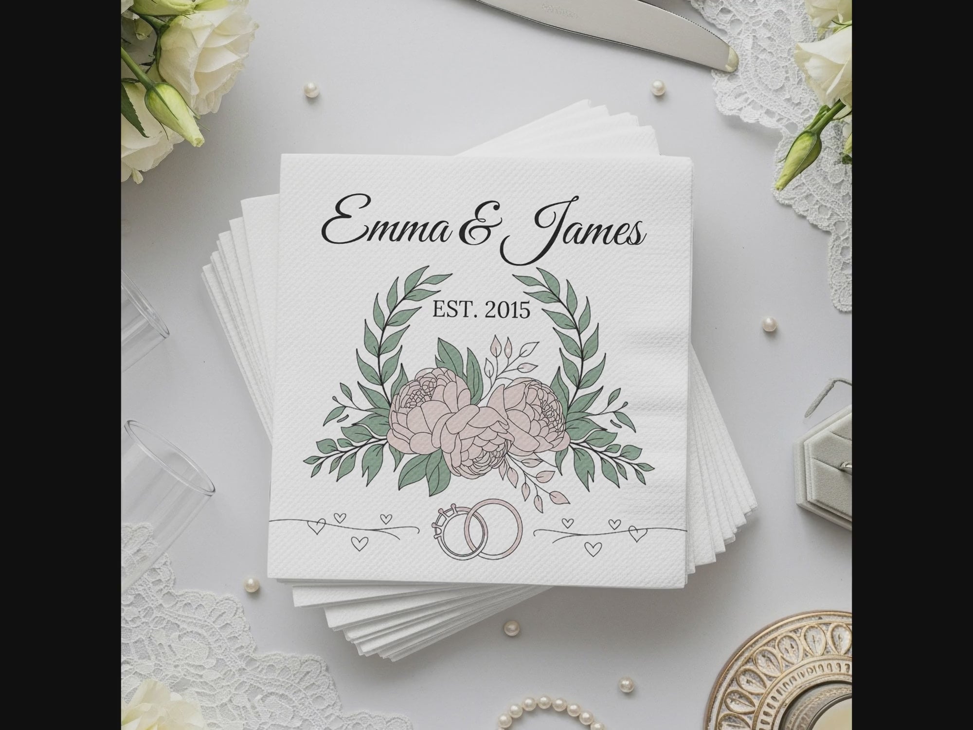 Personalized Wedding Napkins – Established Date with Rings – Custom Wedding Napkin with Floral Accents – Classic Botanical Theme